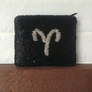 Small heavily beaded bag coin purse black and silver grey